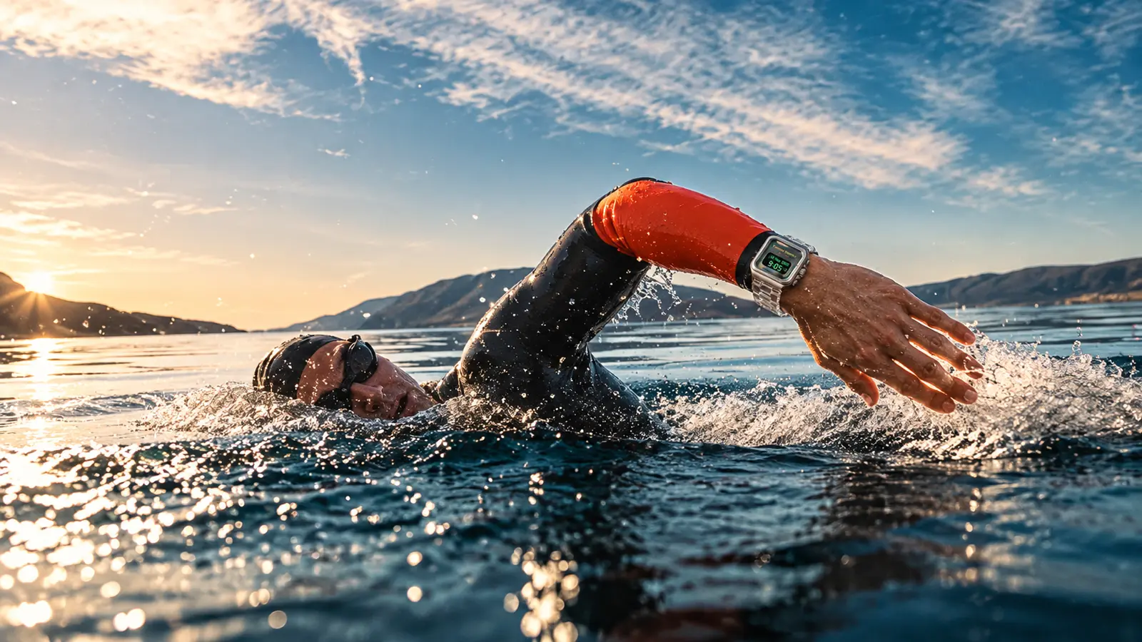 An open water swimmer at golden hour wearing the Essential Watch