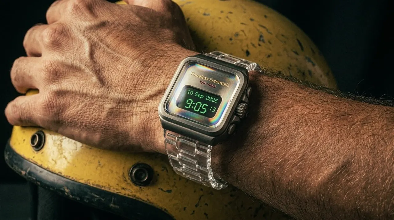 The Essential Watch on a wrist, showing time, date, and WR 100M on the dial